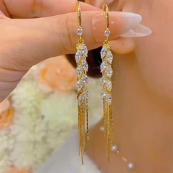 2024 Trend Long Zircon Wheat Ear Tassel Gold Color Earrings for Women Exquisite Elegant Girls Wedding Party Premium Jewelry Gift