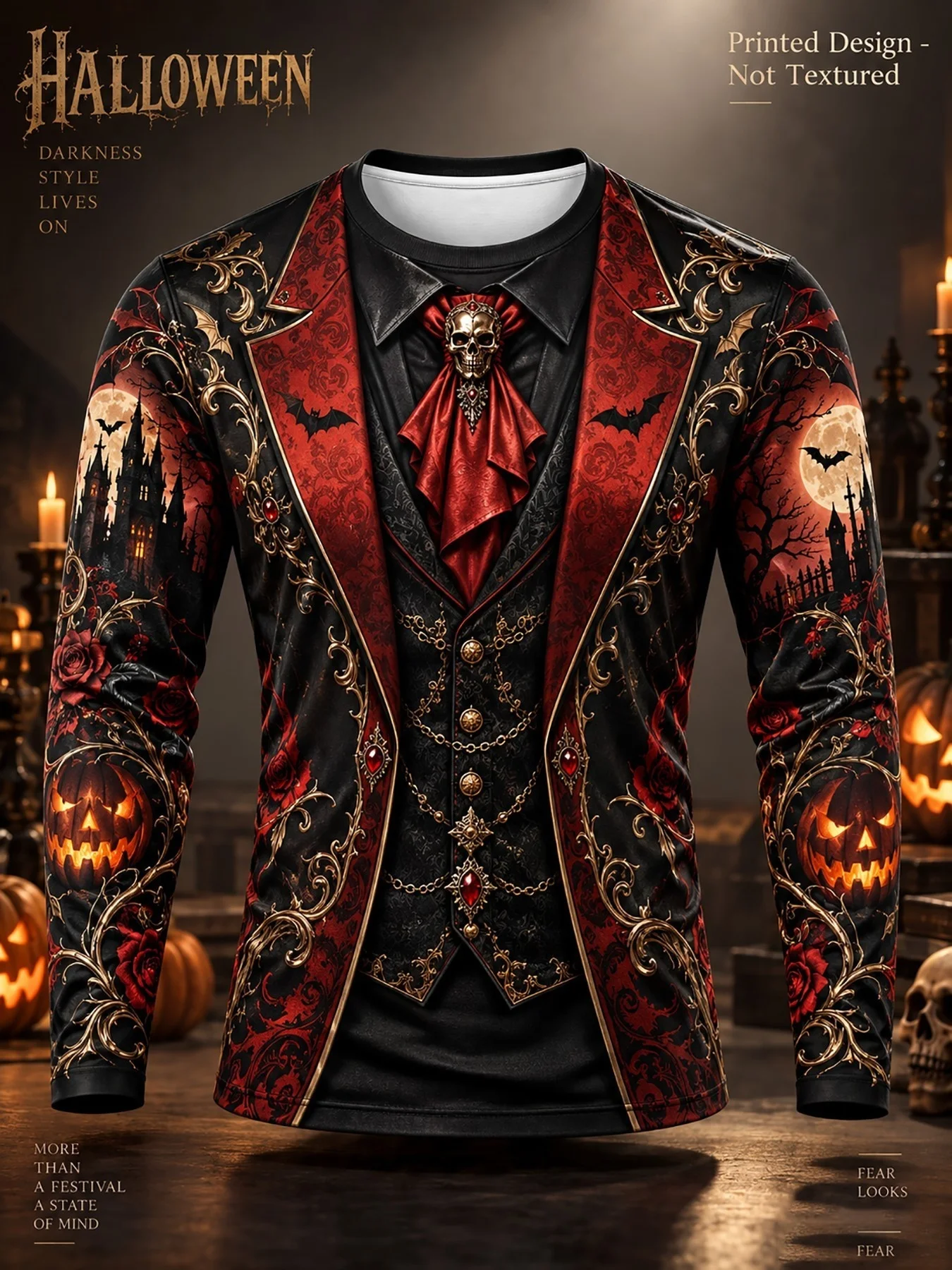 2026 new hot selling autumn and winter Halloween fake tailcoat 3D printed men's long sleeved skeleton pumpkin horror party