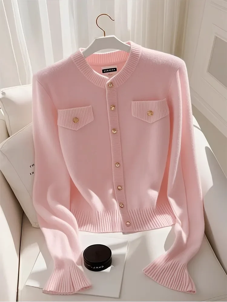 

Korean Knitted Women Cardigan Office Lady Light Mature Style High Grade Pink Sweater Women Top Long Sleeve Slim Women Clothing