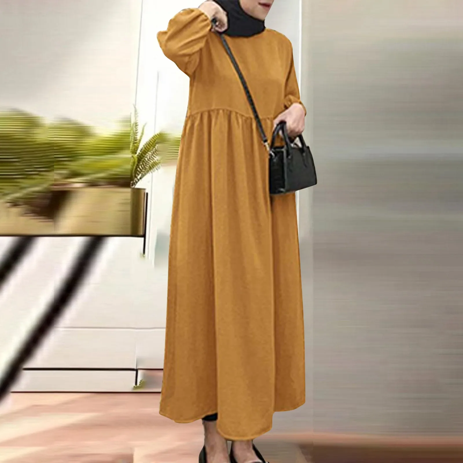 Linen Cotton Blend Maxi Dress Minimalist Color Block Loose Fit Hijab Tunic Dress Elegant High Collar Casual Long Dress For Women