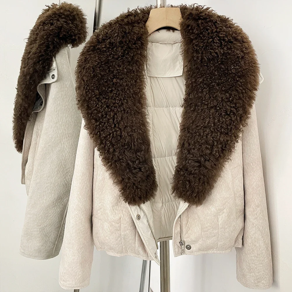 OFTBUY Echter Lammfellkragen Warmer Dicker Puffermantel Kurze Reißverschlussjacke mit Fell für Damen Neue Winter-Daunenkleidung für Frauen – Detail 14