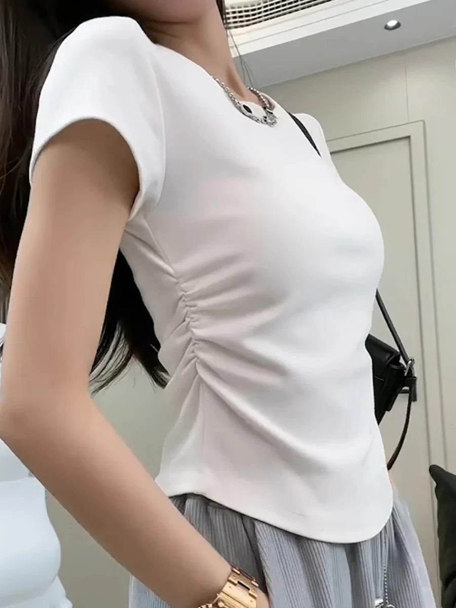 White Elastic Cotton Short Sleeve T-Shirt Women's New Summer Slim Fit Short Length Pleated Top round Neck Shoulder Width Normal