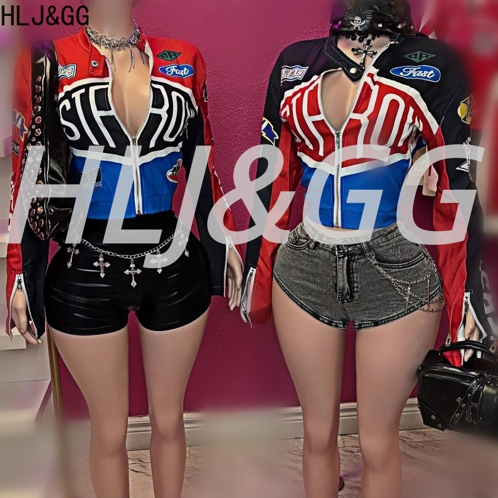 

HLJ&GG Fashion Y2K Trend Letter Print Jacket Two Piece Sets Women Zipper Long Sleeve Crop Top And Denim Shorts Outfit Streetwear