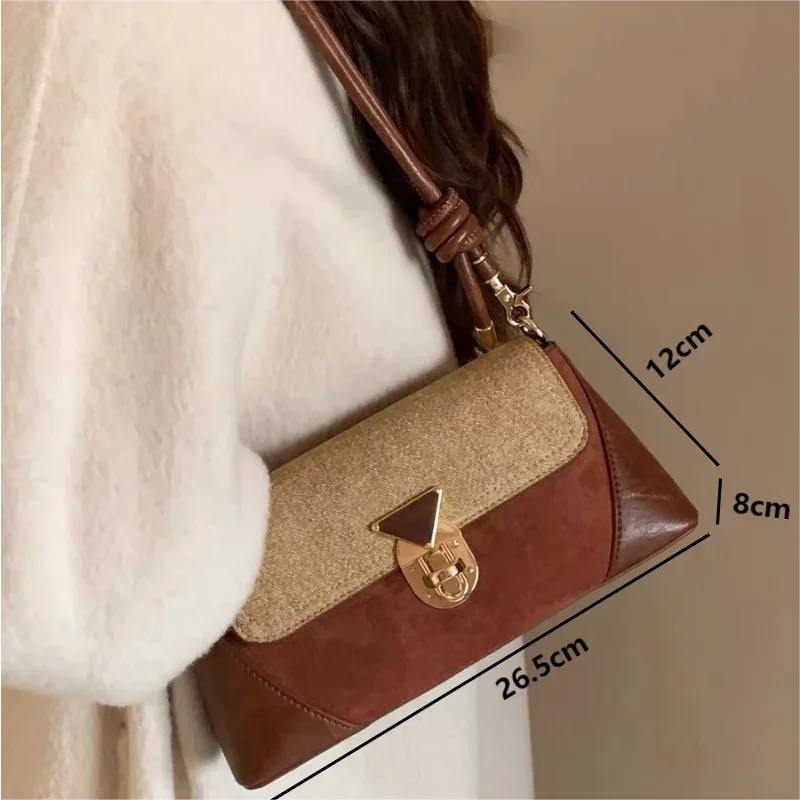 Women Shoulder Bag Korean Style Retro Brown PU Leather Vintage Female Small Axillary Bags Fashion Ladies Gold Lock Handheld Bags