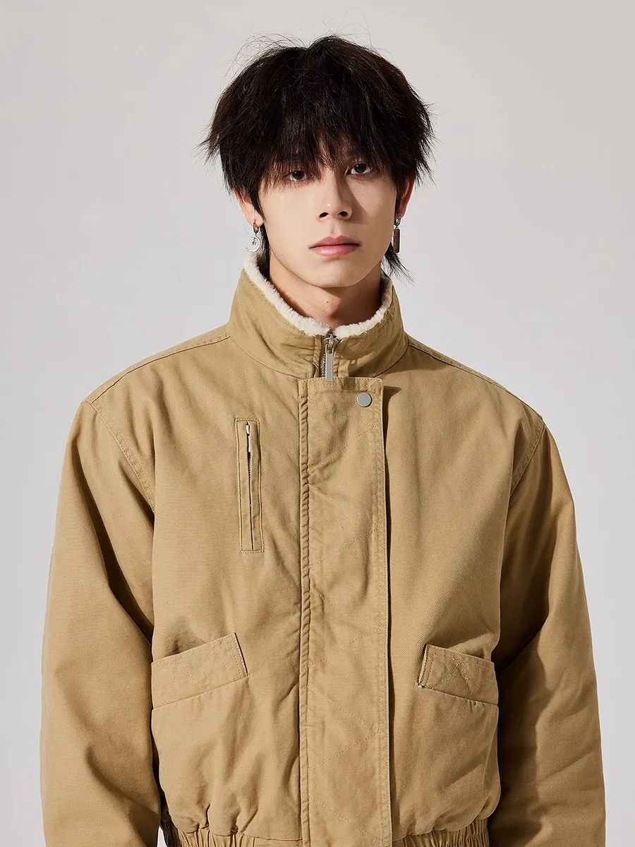 

Winter American Retro Barn Sle Stand Collar Flight Jaet Cotton Workwear Men's ort Loose Fce Lined Faion Outerwear