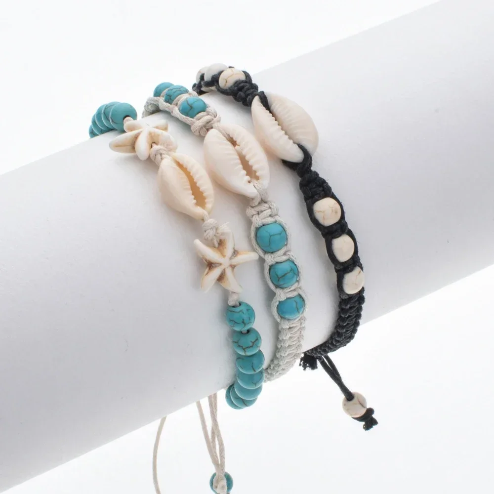 Pulsera tejida de concha de estrella de mar de verano, cuerda de cera ajustable Unisex, tobillera con cuentas turquesas, pulsera para mujeres y hombres, joyería de playa Bohemia