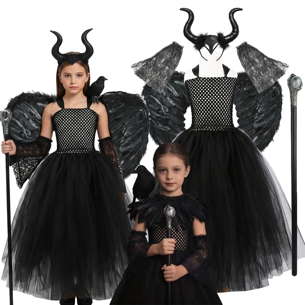 Robe tutu de sorcière méchante Maleficent pour filles avec cornes et ailes, déguisement de reine méchante pour enfants, tenue de fête pour le Jour des Morts et le carnaval