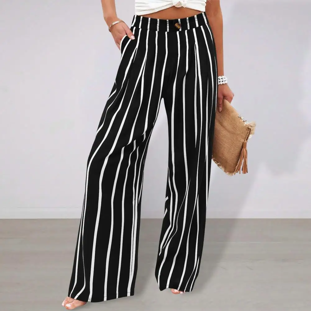 

Women Solid Color Casual Pants Stylish Striped Wide Leg Trousers High-waisted Women's Pants with Elegant Straight-leg for A