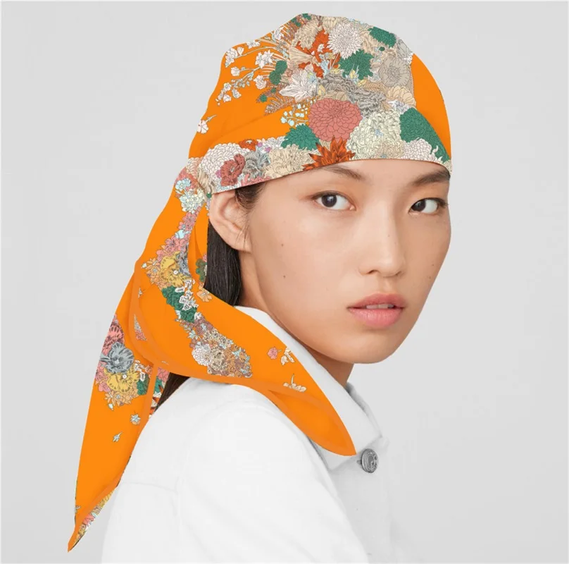 Silk Scarf Women Flower Horse Print Square Scarves Head Echarpes Silk Foulards Femme Wraps Beach Shawls Bandana Lady Hijabs 90CM