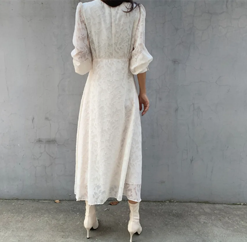 Korean Elegant Spring Beige Single Breasted Shirt Dress New Fashion Chic Women Stand Collar Lantern Sleeve Office Long Clothes