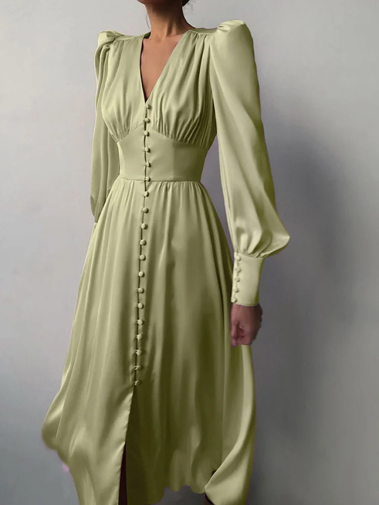 Rétro soie Satin longue Dr v-ne a-ligne jupe femmes printemps été Faion taille haute froncé taille Maxi Dr