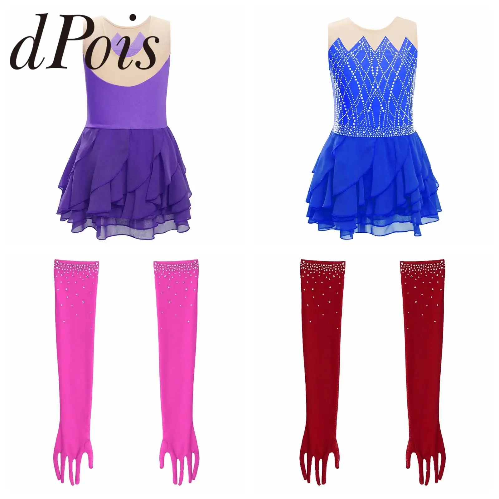 

Children Ballet Ice Skating Costume Rhinestone Rhythmic Gymnastics Dancewear Girls Mesh Figure Skating Dress Dance Leotards