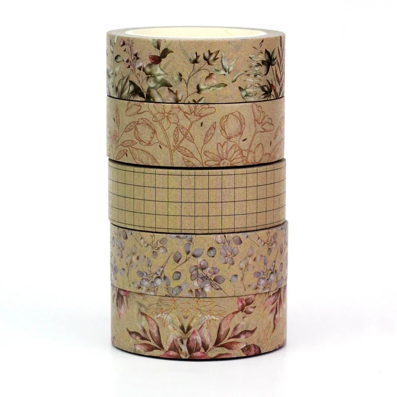 NEW 1PC 10M Decor Vintage Grid Kraft Brown Leaves Washi Tape Set for Diary Gift Wrapping Masking Tape Cute Stationery Supplies