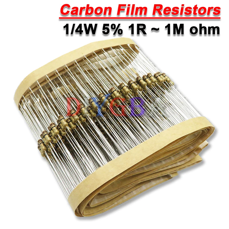 100PCS 1/4W 5% Carbon Film Resistors 100R 220R 1K 1.5K 2.2K  4.7K 10K 22K 47K 100K 100 220 1K5 2K2  4K7 Ohm Resistance 1R~22M