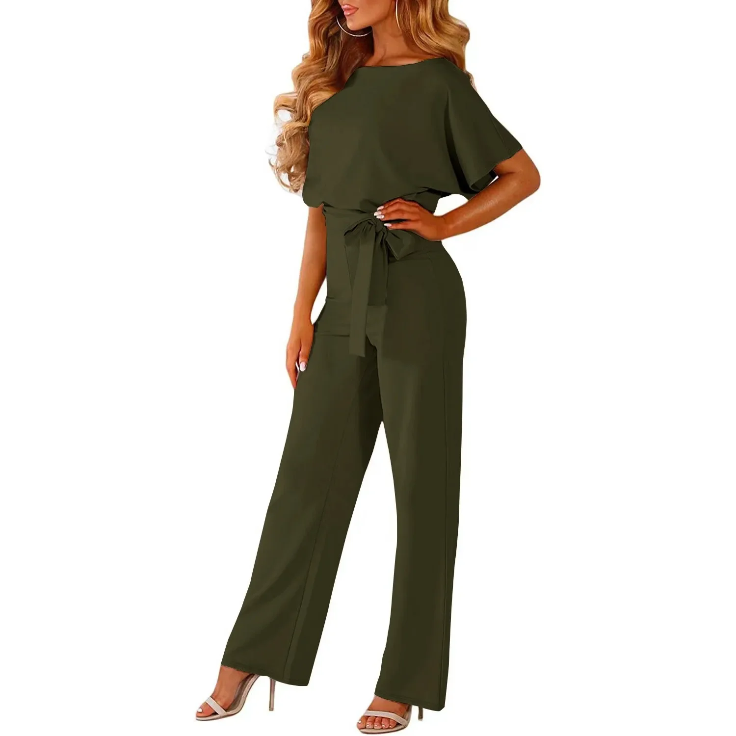 Jumpsuit Met Veters Hoge Taille, Elegante Dames Effen Kleur Romper Met Rechte Benen Mode Jumpsuit Met Korte Mouwen En Ronde Hals Voor Dating