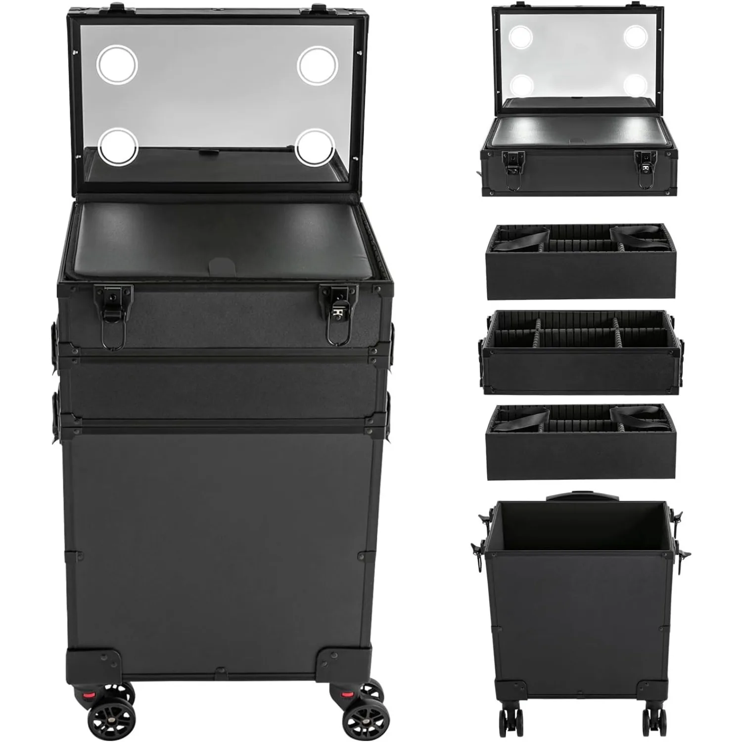 3 in1 Rolling Makeup Train Case with Mirror of LED Lighted 3 Color Setting Cosmetic Traveling Storage Bag Four tiers Lockable