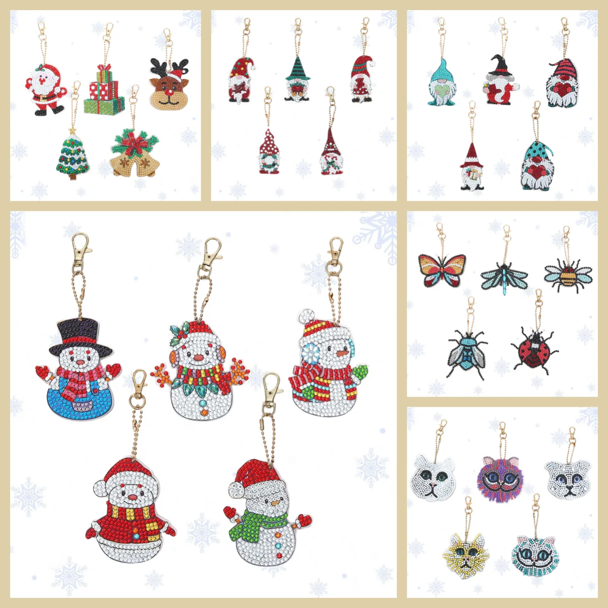 5 DIY-Diamant-Malerei-Sets mit Weihnachtsmotiv, mit Kristallverzierungen und gestickten Schlüsselanhängern