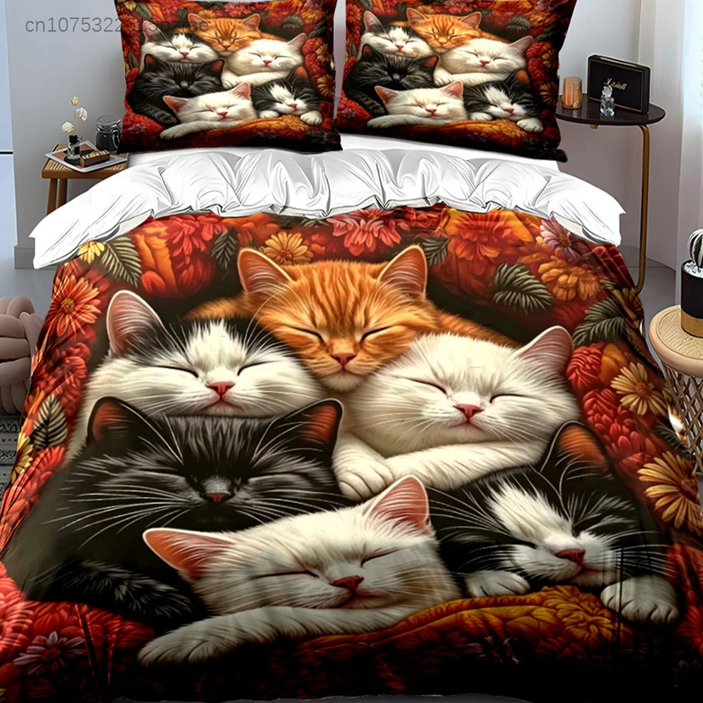 Cat Bedding Set Cartoon Duvet Cover Set Flowers Comfor Cover Bedroom Decor Guest Room 3pcs(1 Duvet Cover + 2 Pillow)