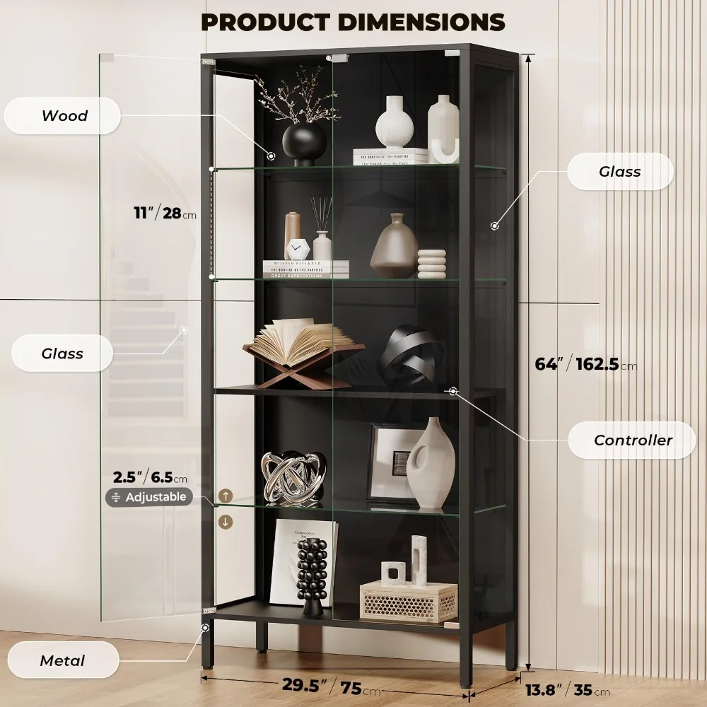 Glass Display Cabinet, 5-Tier Display Case with Adjustable Glass Shelves, Metal Curio Cabinet with 3 Color Lights for