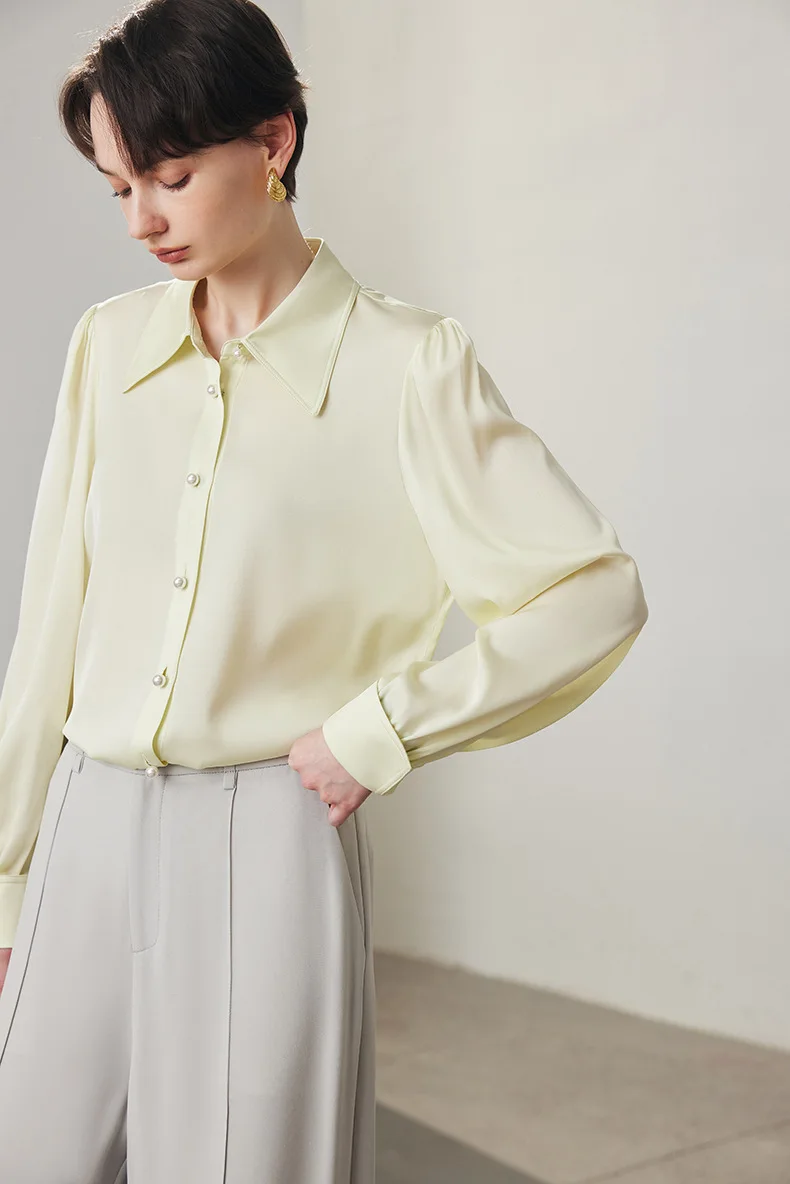 95% Silk 5% Spandex Women's Shirt Turn Down Collar Long Sleeves Elegant Fashion Blouse Tops