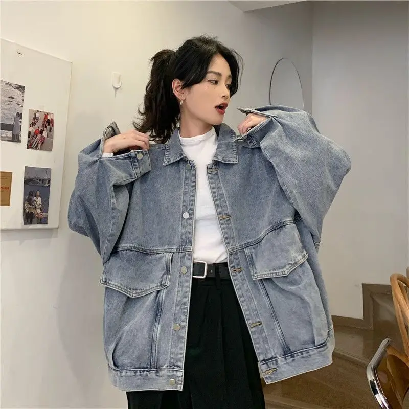 

plus Size 300 Pounds Hong Kong Style Water Washed Denim Jacket Loose Fit Unisex Spring Autumn Korean Version Workwear Jacket Top