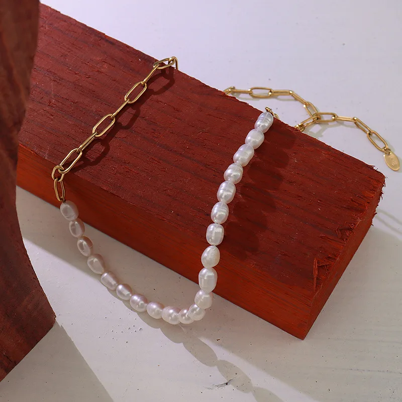 

Joolim Jewelry High End PVD Wholesale No Fade Fashion Versatile Freshwater Pearl Patchwork Stainless Steel Necklace For Women
