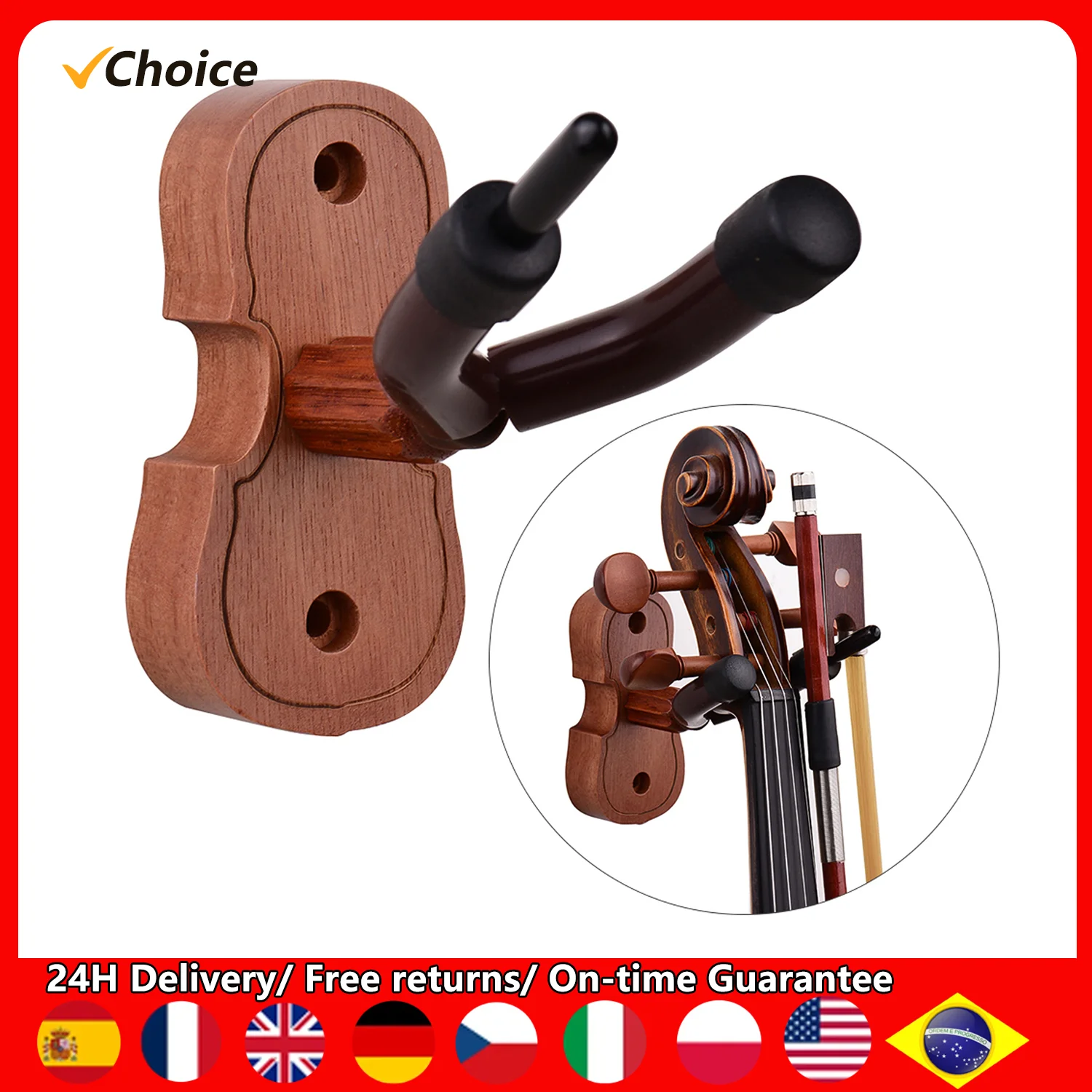 Mahogany Wood Violin Hanger Hook with Bow Holder for Home & Studio Wall Mount Use Violin Hanger Accessory