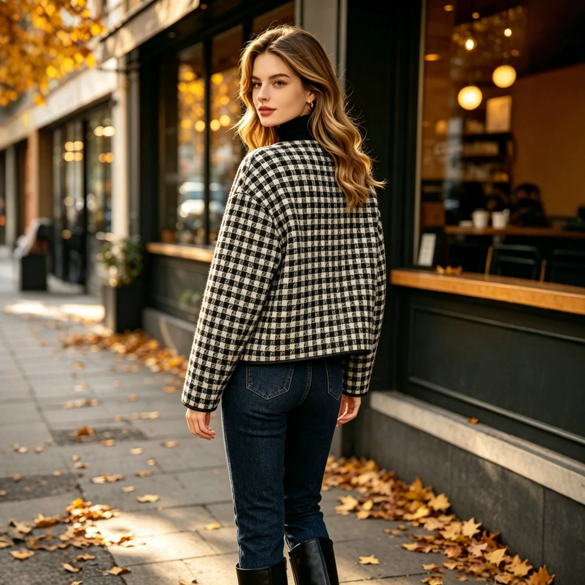 Women's Autumn. And Winter New Collection: Stiglich Short Wool. Coat With A Circular Neckline, Trim, Plate Pattern, And Leather