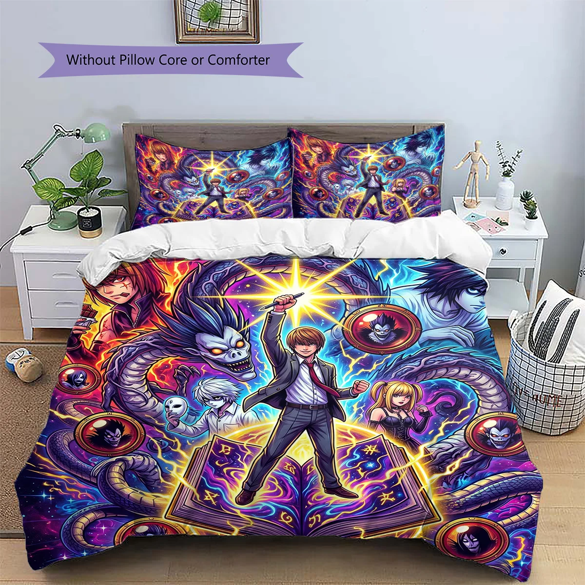 Death Note Patterned Pillowcase & Duvet Cover Set Unique Anime Bedding Bedroom Ornament Lovely Gift for Anime Fans.-TING