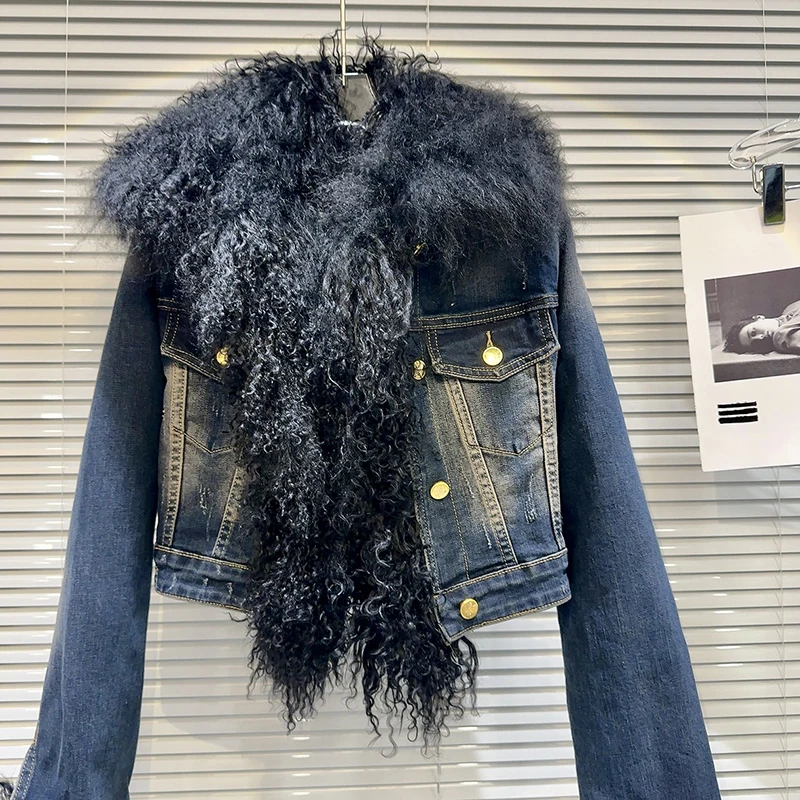 2025 invierno nuevo gran pelo de cordero líder lavado algodón interior vaquero chaqueta abrigo corto moda temperamento Chaqueta corta