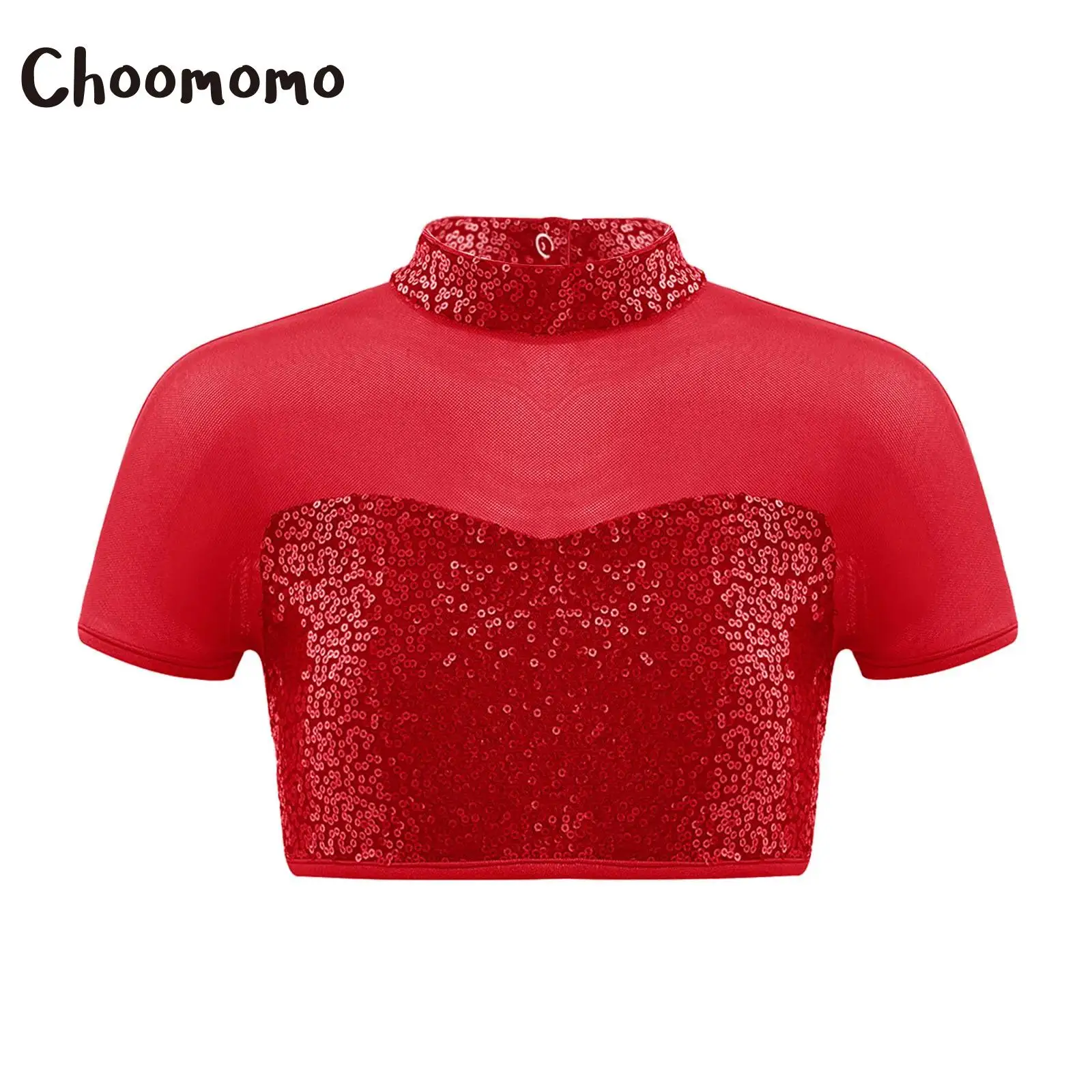 

Girls Jazz Hip-hop Dance Tops Short Sleeve Mesh Shiny Sequin Dance Crop Top And Skirt Athletic Ice Skating Cheerleading Costume