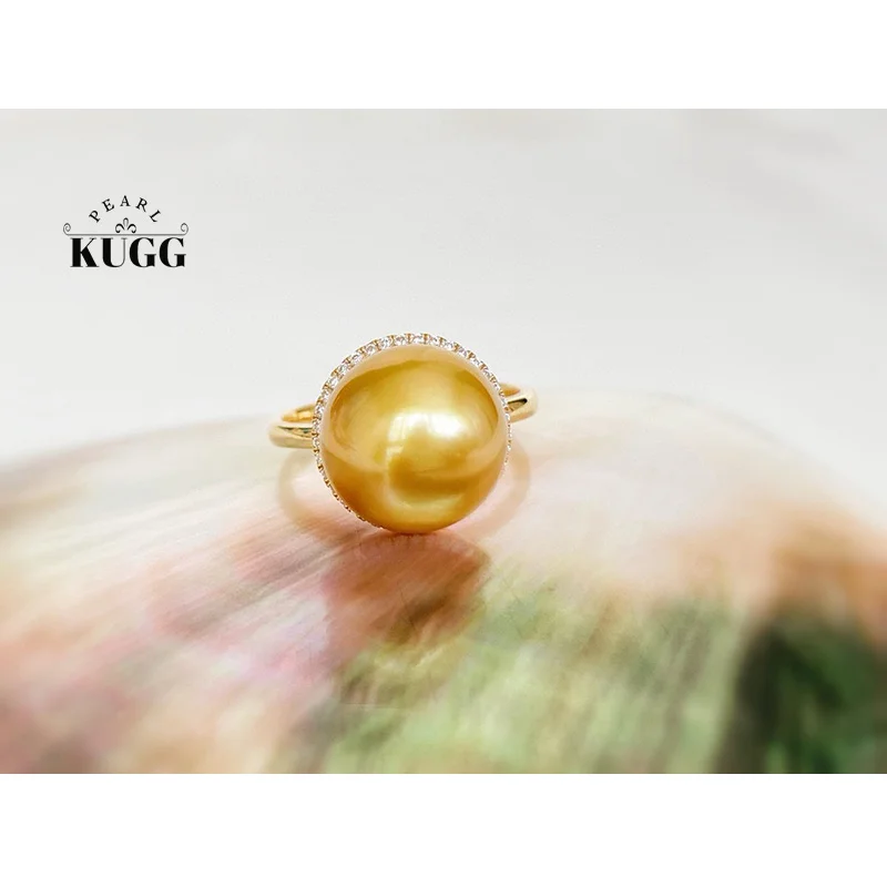 KUGG PEARL 18K Yellow Gold Ring Shiny Diamond 11-12mm Natural South Sea Gold Pearl Ring for Women Wedding High Party Jewelry