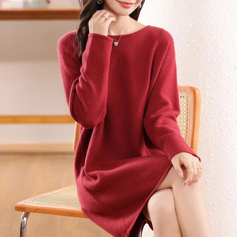 estidos de fiestas elegantes mujer  2024 Winter 100% Wool Knitting Casual Women\'s Dresses Women Clothing Long Sleeve Loose Dress