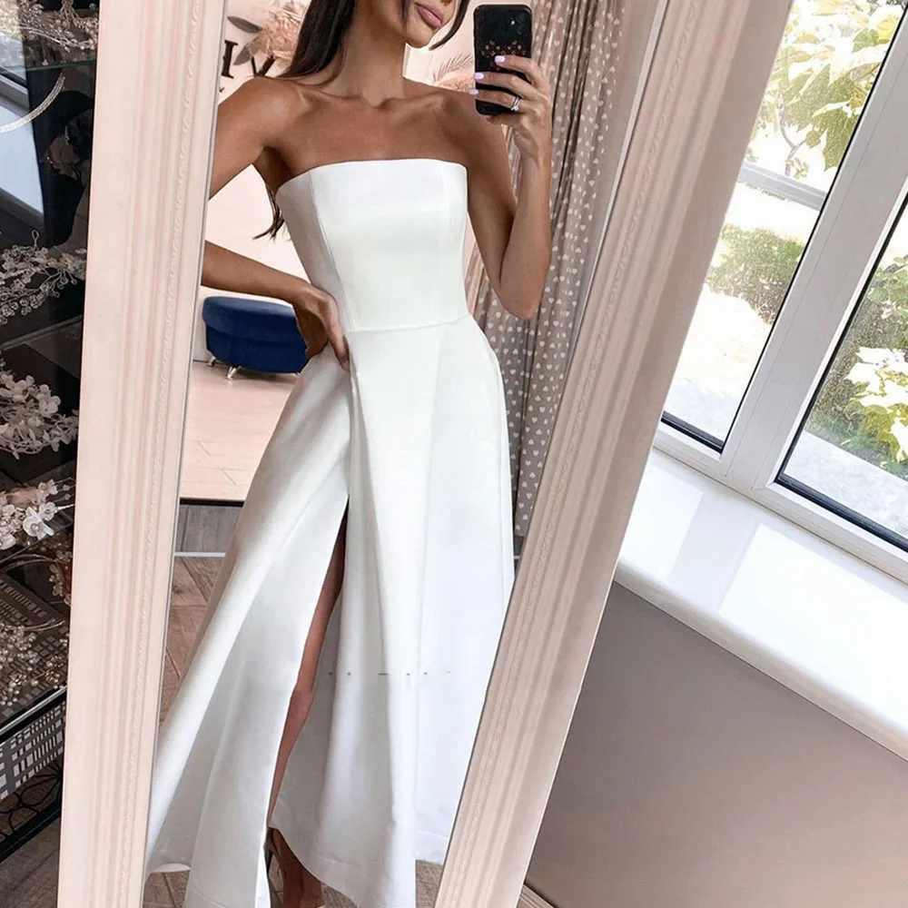 A-line Solid Color Bride Gown Boat Neck High Slit Simple Wedding Dresses  Backless Ankle-Length Customize To Measures Stunming