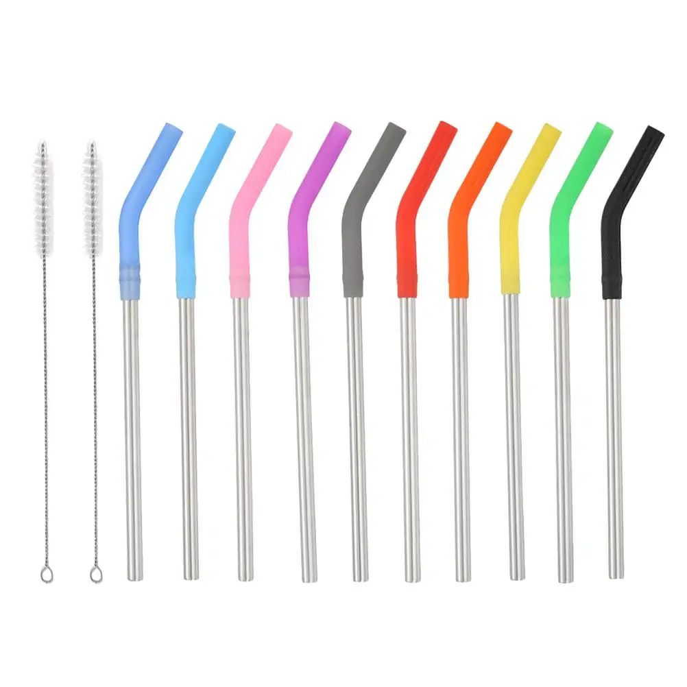 

12 Pcs Stainless Steel Straws Set Reusable Curved Drinking Straws Silicone Nozzle Eco Friendly Anti Rust Kitchen Bar Dining