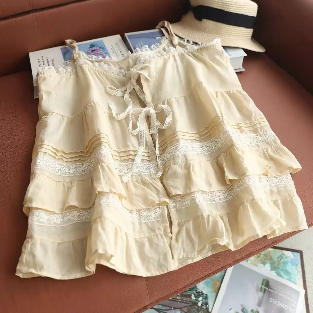 100% Ramie Women Lace Ruffle Cami Top, Spaghetti Strap Tiered Blouse with Bow Knot, Sleeveless Layered Camisole
