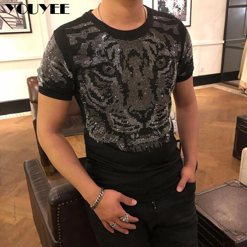 

Short Sleeved T-shirt Men's Summer Tiger Hot Diamond Round Neck Tees Trend Large Size Loose Black Male Tops Causal Clothing