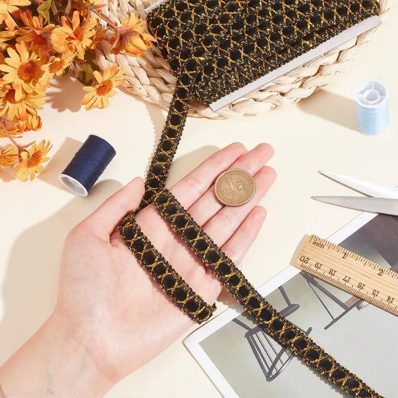 11 Yards Black Gold Metallic Lace Trim Suede Gimp Braid Trim Ribbon for Curtain Lampshades Sewing Bag Costume DIY Crafts