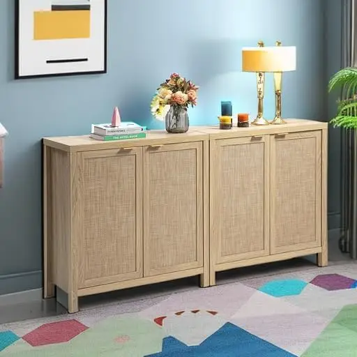 Sideboard Buffet Rattan Cabinet Boho Large Kitchen Storage Cabinet with Rattan Storage Wood Cabinet Buffet Console Table