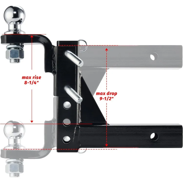 Montagem de bola de engate de reboque ajustável se encaixa no receptor de 2 polegadas, bolas de reboque de 2 "7500 libras, engate de queda de 9-1/2"/8-1/4", engate de reboque