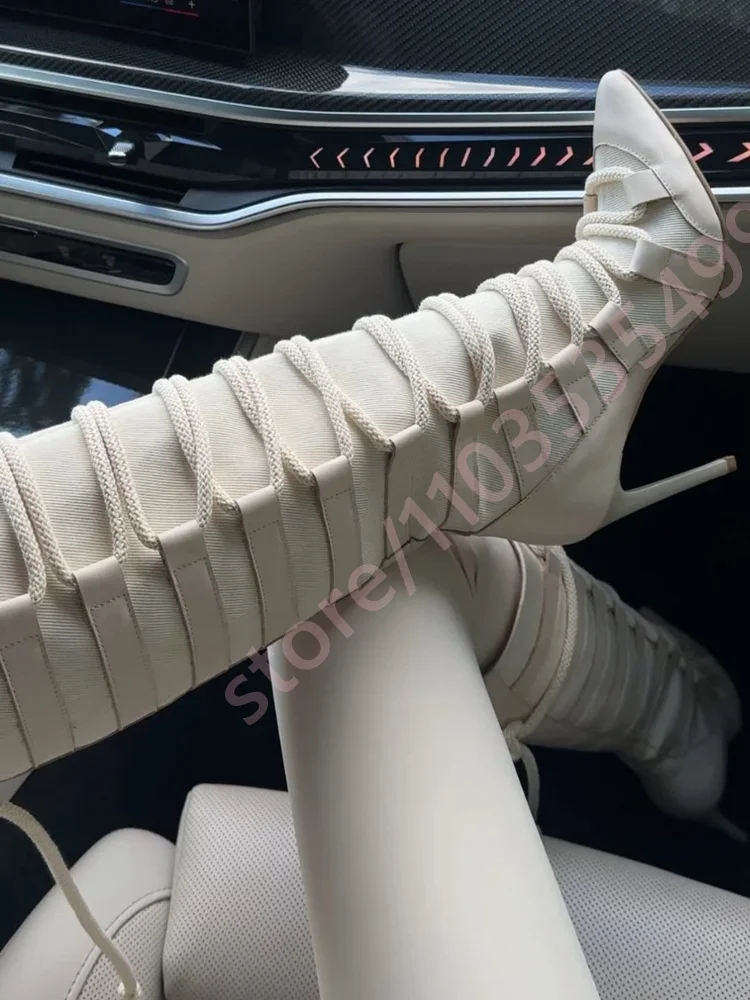 

2025 Elegant Pointed Toe Rope-Strap Calf Boots for Women Stiletto Heel Catwalk Style Autumn Fashion Party Casual Long Boots