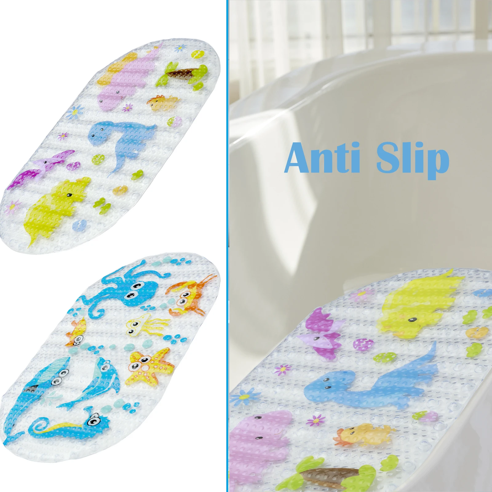 

Милый мультяшный коврик для ванной из ПВХ, противоскользящий, с присосками, 69x39 см, овальный, для детской ванной комнаты, для дома