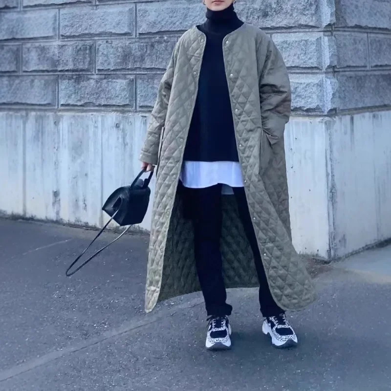 Lightweight Quilted Long Cotton Coat Women's Autumn Winter Thickened Warm Coat Retro Round Neck Single Breasted Women Clothing