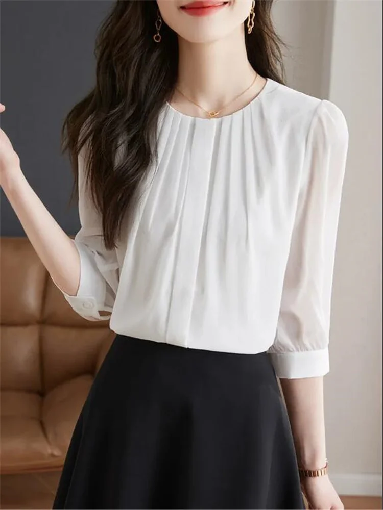 Fashion Round Neck Chiffon Shirt Women's Blouses Summer White Pleated Top Cardigan Female Blouses OL Leisure Feminine Blusas