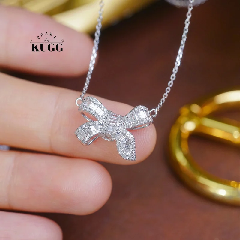 KUGG 100% 18K White Gold Necklace Romantic Bowknot Shape 0.50carat Real Natural Diamond Pendant Necklace for Women Fine Jewelry