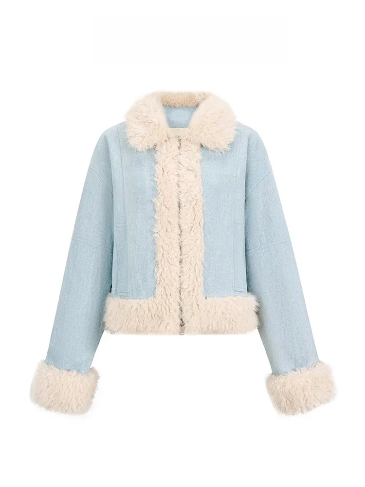 

Women's Denim Lamb Fur Collar ort Cotton Jaet Thiened Retro Cotton Coat Winter New Sle Commute Sle Loose Fit Zipper