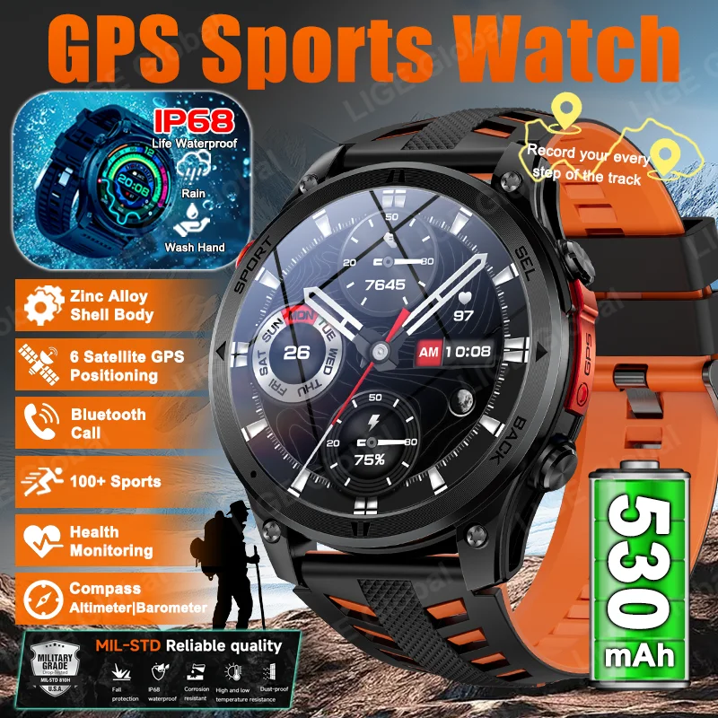 LIGE 2026 New GPS Path Smart Watch 530mAh Battery IP68 Waterproof Sports Run Tracker BT Call Outdoor Compass Military Smartwatch