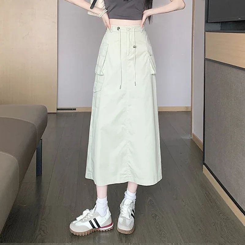 

Vintage Solid Cargo Maxi Skirts Women Streetwear Fashion Pockets High Waist Skirt Woman 2024 Chic Drawstring Long Falda Mujer