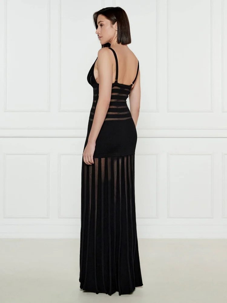 Sexy preto sheer listrado bandage maxi vestido com decote em v profundo 2025 verão oco para fora cinta de espaguete vestidos longos de noite