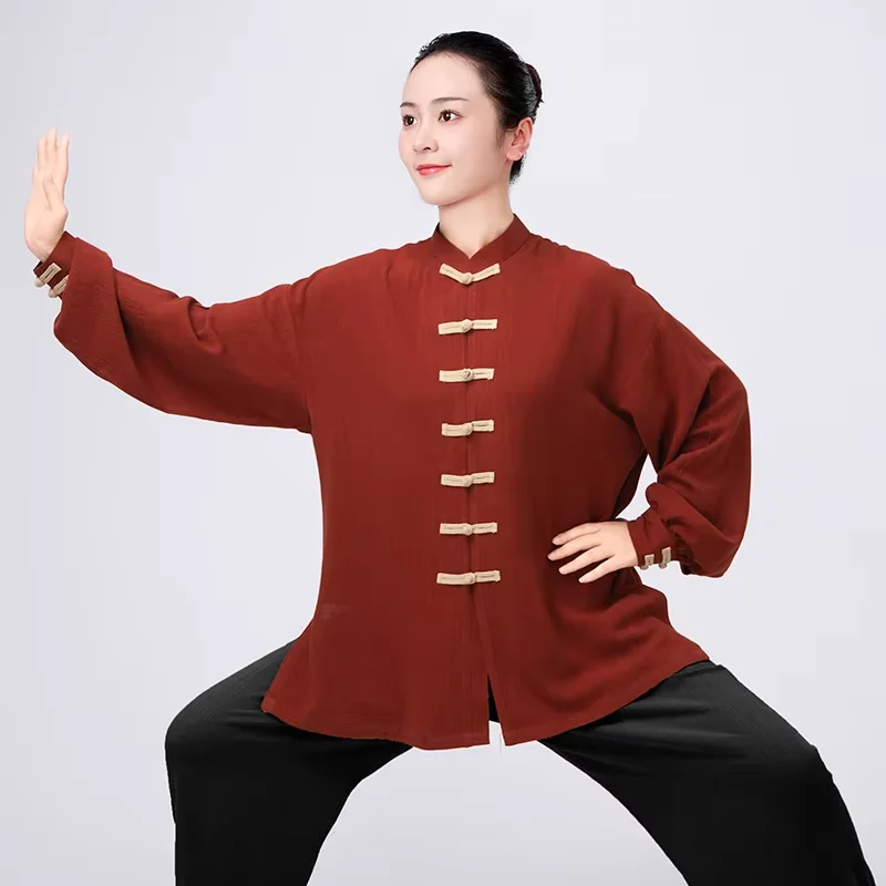 2025 New Women's Tai Chi Suit, Heavyweight Linen-Cotton Top for Autumn/Winter, Two-Tone Baduanjin Practice Wear